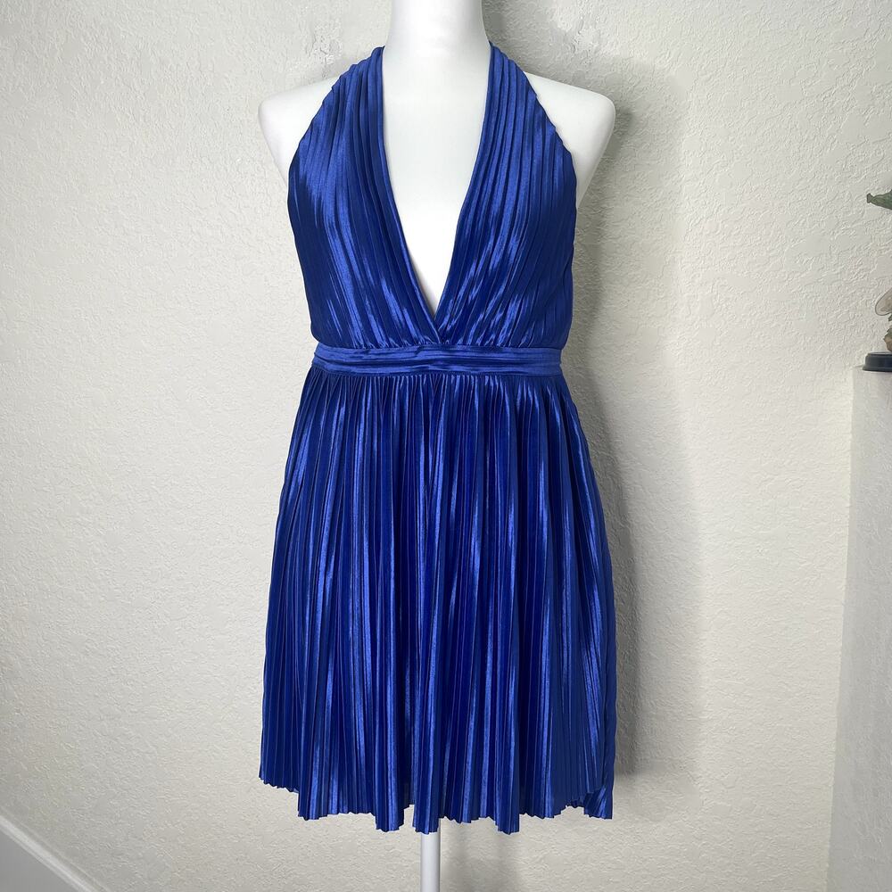 MESHKI Darya Pleated Mini Dress L Persian Blue Halter Backless Deep V Cocktail